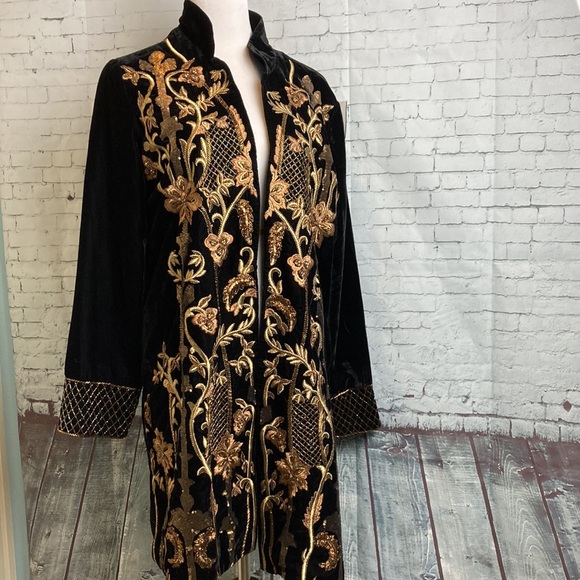 Soft Surroundings Antoinette Velvet black long embroidered beaded jacket Large - Picture 9 of 16